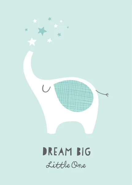 Sonhe Big Little Um pôster de berçário com lephant bonito e estrelas. Arte imprimível para crianças. Ilustração do bebê em hortelã e branco. Estilo escandinavo gráfico . — Vetor de Stock