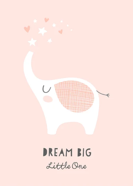 Elefante bonito e estrelas Sonho Big Little One pôster do berçário. Arte imprimível para crianças. Menina do bebê ilustração em rosa . — Vetor de Stock