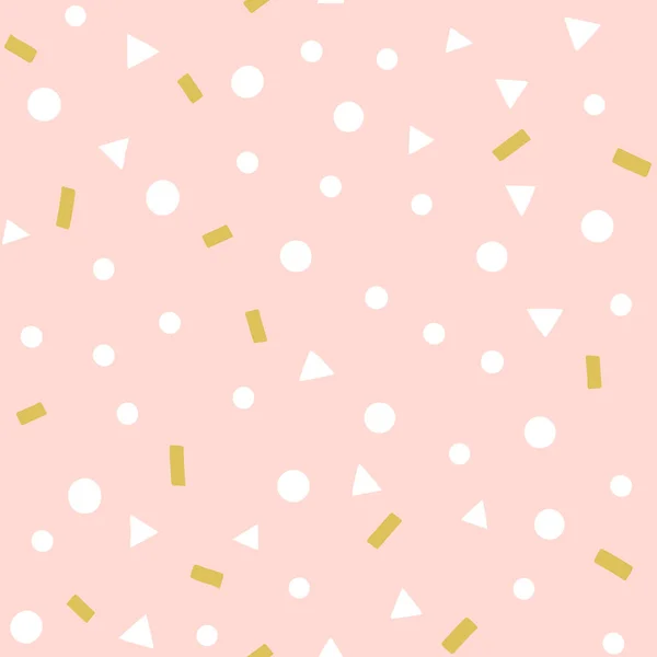 Lindo patrón de vectores confeti. Fiesta festiva fondo sin costuras con formas geométricas, triángulos, puntos, espolvorea sobre un color rosa . — Vector de stock