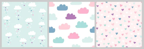 Niedliche skandinavische Muster mit Wolken und Herzen gesetzt. Vektor nahtlosen Hintergrund für Valentinstag mit Wolken und Herzregen. Illustration für Babys, Kinder. — Stockvektor