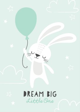 Büyük olanı hayal et. Bulutlar ve yıldızlarla dolu bir balonda uçan sevimli bir tavşan. Bebek, çocuk posteri, duvar sanatı, kart, bebek partisi davetiyesi. 