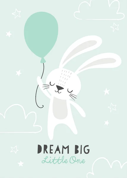Träumen Sie vom großen Kleinen. Netter Hase, der auf einem Ballon mit Wolken und Sternen fliegt. Baby, Kinderposter, Wandkunst, Karte, Einladungskarte zur Babydusche. — Stockvektor