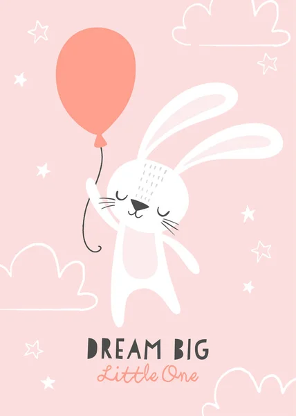 Träumen Sie vom großen Kleinen. Netter Hase, der auf einem Ballon mit Wolken und Sternen fliegt. Mädchen Babydusche. Design für Baby, Kinderposter, Kinderzimmer Wandkunst, Karte, Einladungskarte. — Stockvektor