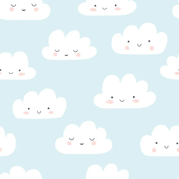 Sonriente patrón de vectores de nubes. Lindo cielo sin costuras de fondo. Ilustración dibujada a mano para bebés, niños. — Vector de stock