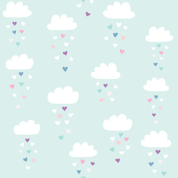 Clouds patrón vectorial con lluvia de corazones coloridos. Recorta el fondo perfecto para el día de San Valentín. Ilustración para bebés, niños. — Archivo Imágenes Vectoriales
