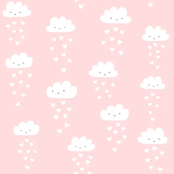 Vector pattern with cute smiling clouds with heart rain. Valentines day seamless background. — Stock Vector