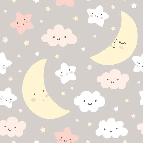 Modo vectorial del cielo nocturno. Cute la luna sonriente, las estrellas, las nubes sin problemas de fondo. Imprime tu bebé en colores suaves y pastel. — Archivo Imágenes Vectoriales