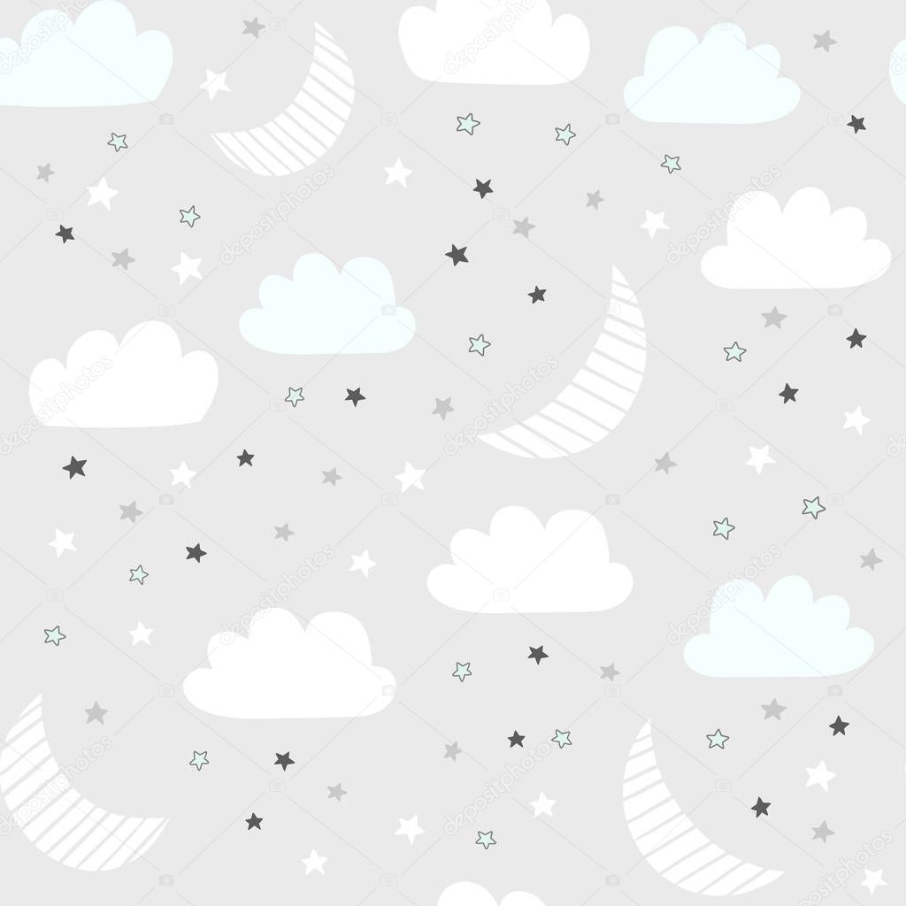 Night sky vector pattern with hand drawn stars, clouds and moon. Seamless baby background.