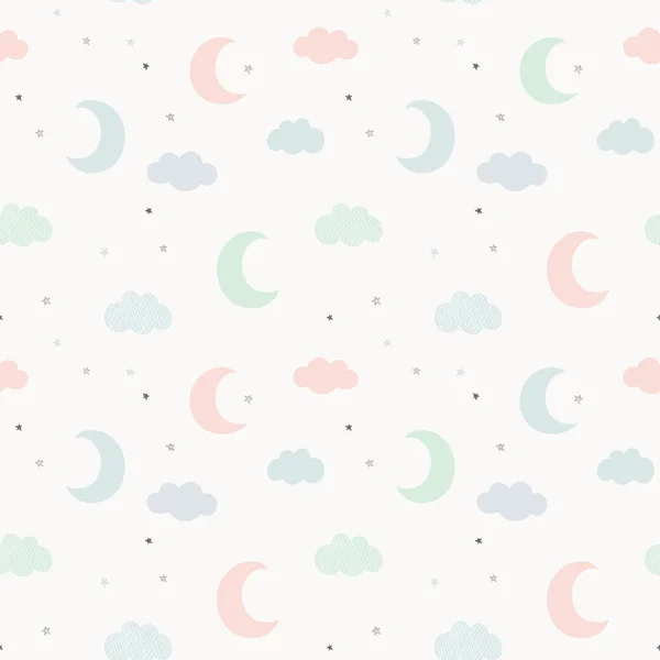 Night sky vector pattern with hand drawn stars, clouds and moon. Cute seamless baby background in delicate pastel colors. — Stock Vector