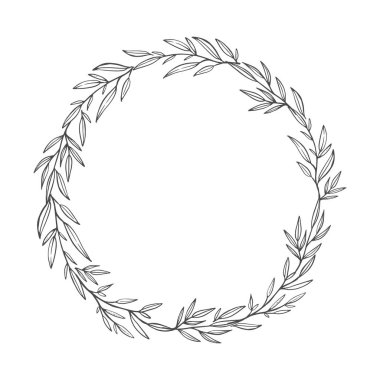 Elle çizilmiş çelenk. Dalları, yaprakları, dalları yapılmış romantik çiçek tasarım elemanı. 