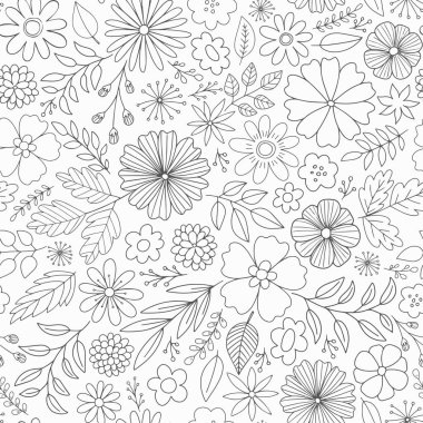 Çiçekler, yapraklar ve dalları ile el çizilmiş çiçek vektör deseni. Doodle ince sorunsuz arka plan.
