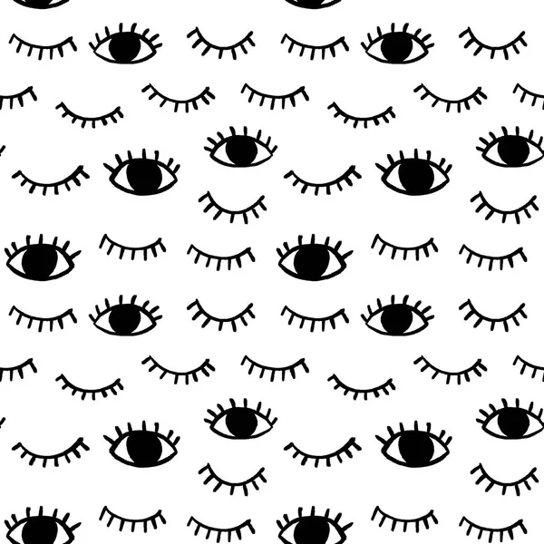 Vector pattern with hand drawn eyes doodles. Trendy seamless background with opened and winking or closed eyes. — Stock Vector