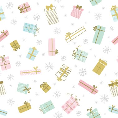 Noel hediyeleri, vektör desenini kar taneleriyle sunar. Kusursuz bir geçmişi ve hediye kutuları var. Tebrik kartları, davetiyeler, posterler için resim. 