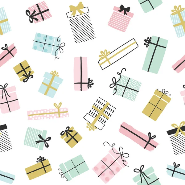 Cadeaudoosjes patroon in handgetekende doodle stijl. Naadloze achtergrond met cadeautjes. Verjaardagsfeestje. Illustratie voor wenskaarten, uitnodigingen, affiches. — Stockvector