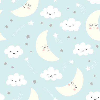 Gülen ay, yıldızlar ve bulutlarla gece gökyüzü vektör deseni. Mavi bir arka planda, el çizimi şirin gece gökyüzü kusursuz tasarımı. 