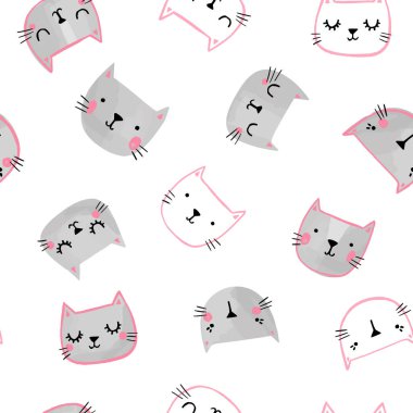 Elle çizilmiş kedi yüzlü kedi vektör deseni. Çocuklar için kusursuz baskı illüstrasyonu.