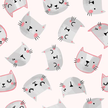 Elle çizilmiş kedi yüzlü kedi vektör deseni. Çocuklar için kusursuz baskı illüstrasyonu.
