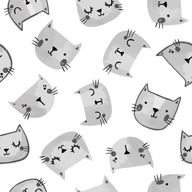 Elle çizilmiş kedi yüzlü kedi vektör deseni. Çocuklar için kusursuz baskı illüstrasyonu.