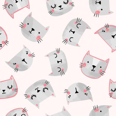 Elle çizilmiş kedi vektörsüz desen. Gülümseyen kedi resimle karşı karşıya. Çocuksu kız baskısı tasarımı.