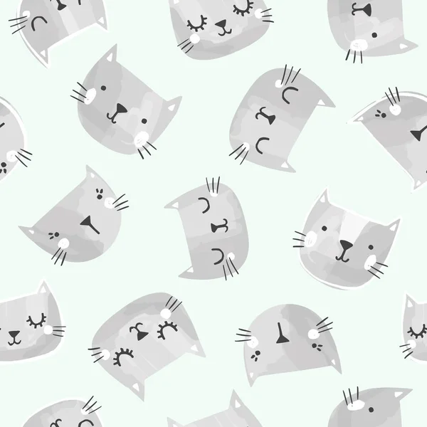Lindo patrón de vectores gatos. Cabezas de gatito dibujadas a mano con caras sonrientes. Diseño sin costuras . — Vector de stock