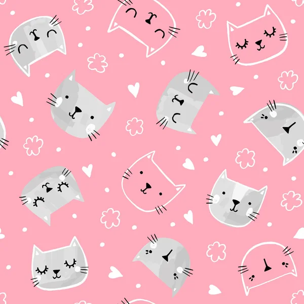 Cat vector seamless pattern with hand drawn cat faces, hearts and flowers. Valentines day. Baby girl, children print design. — Stock Vector