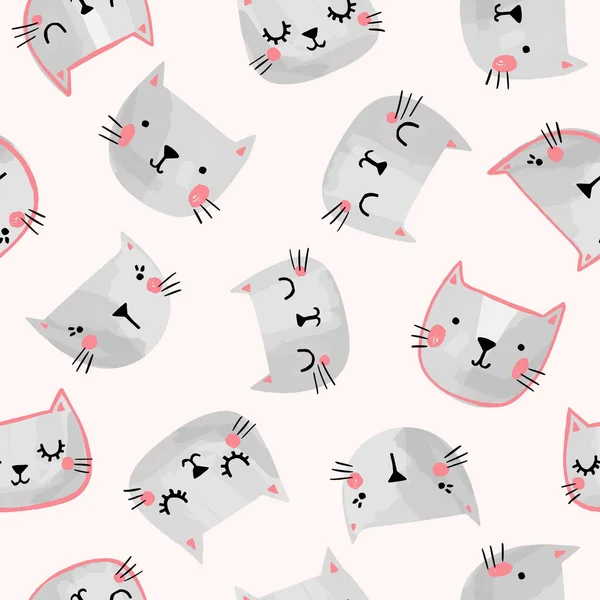 Patrón inconsútil vector gato en estilo dibujado a mano. Doodle sonriente gato caras ilustración. Diseño infantil de impresión femenina . — Vector de stock