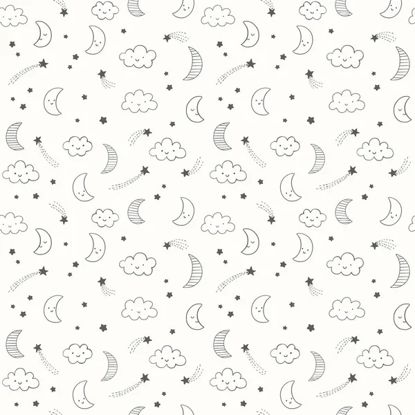 Hand drawn night sky vector pattern with smiling moon, stars and clouds. Cute linear night sky seamless background. — Stock Vector