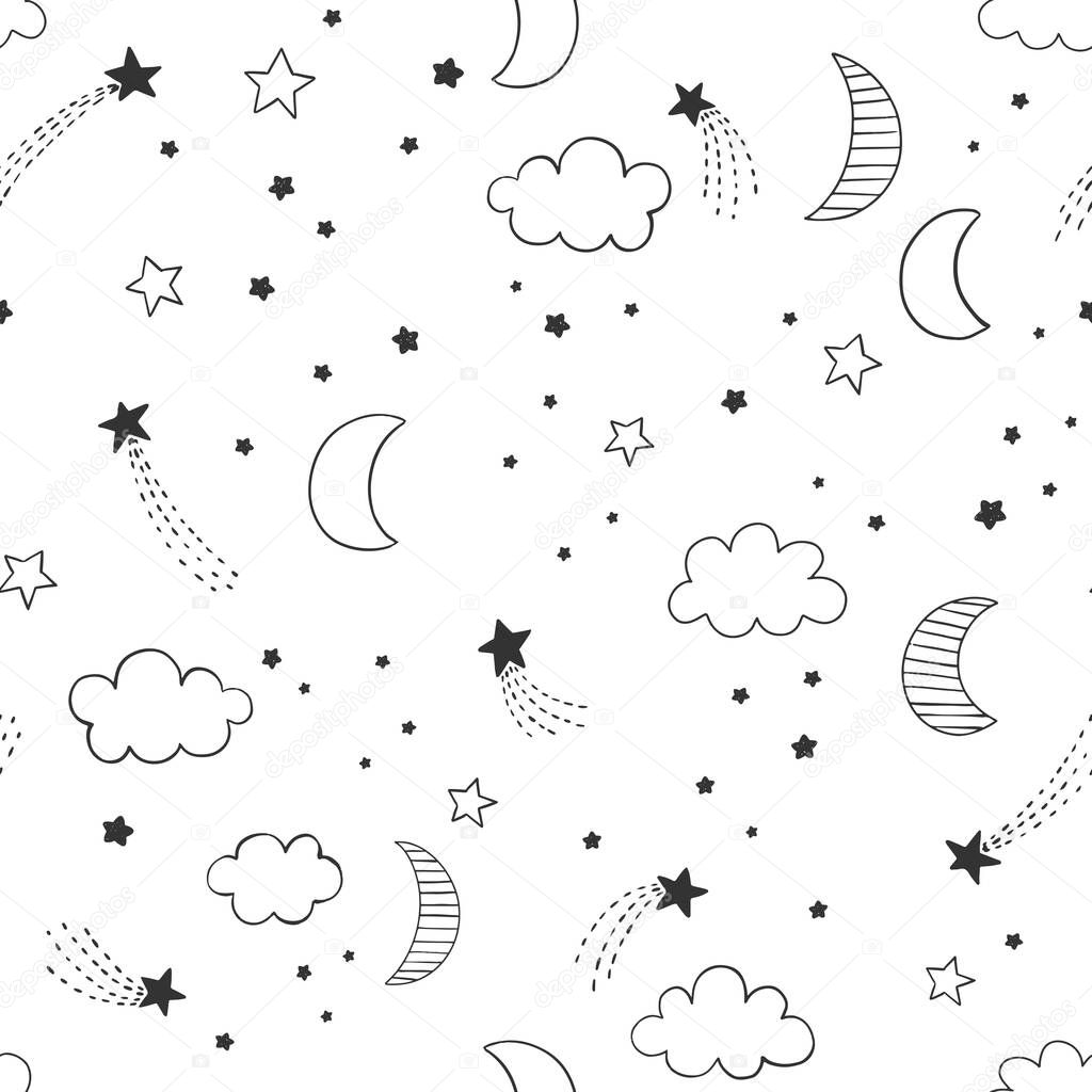 Hand drawn night sky vector pattern with linead doodle moon, stars and clouds. Cute night sky seamless background. 