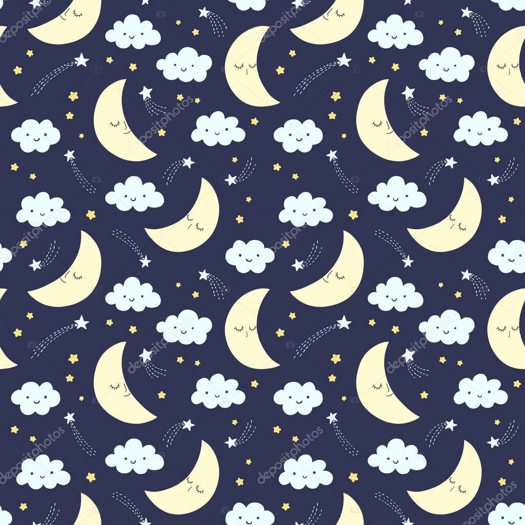 Hand drawn night sky vector pattern with smiling moon, stars and clouds on a dark background. Cute night sky seamless background. 