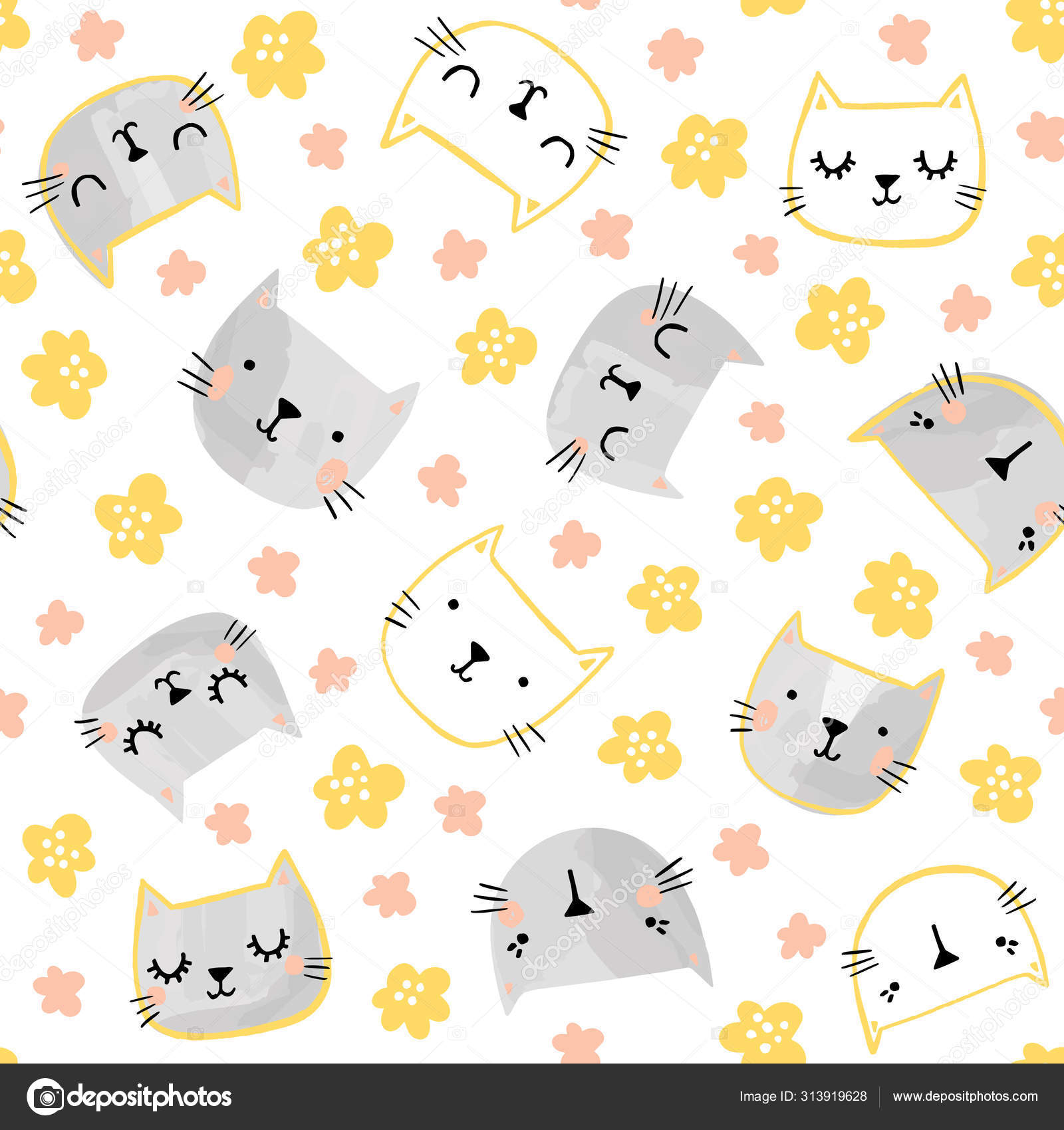 고양이 벡터 패턴 과 꽃. 봄, 여름의 바다없는 배경에 귀여운 색깔의 고양이 얼굴이 그려져 있다. 스톡 벡터 - ©motonika  313919628, image size:1600x1700