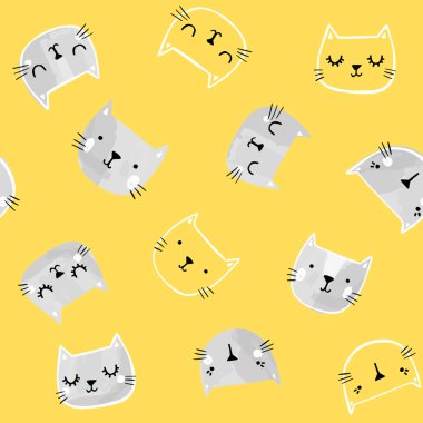 Elle çizilmiş kedi yüzlü vektör deseni. Sevimli karalama kedi karakterleri. İskandinav tarzında kusursuz çocuk baskısı.
