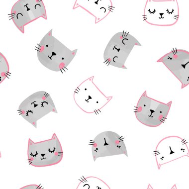 Elle çizilmiş kedi yüzlü kedi vektör deseni. Çocuklar için kusursuz baskı illüstrasyonu.