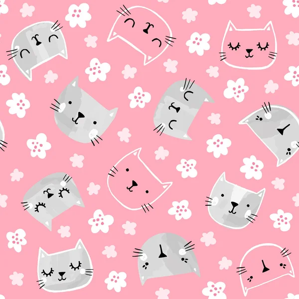 Cute cat vector pattern with flowers. Hand drawn funny cat faces. Spring girly seamless background print. — Stock Vector