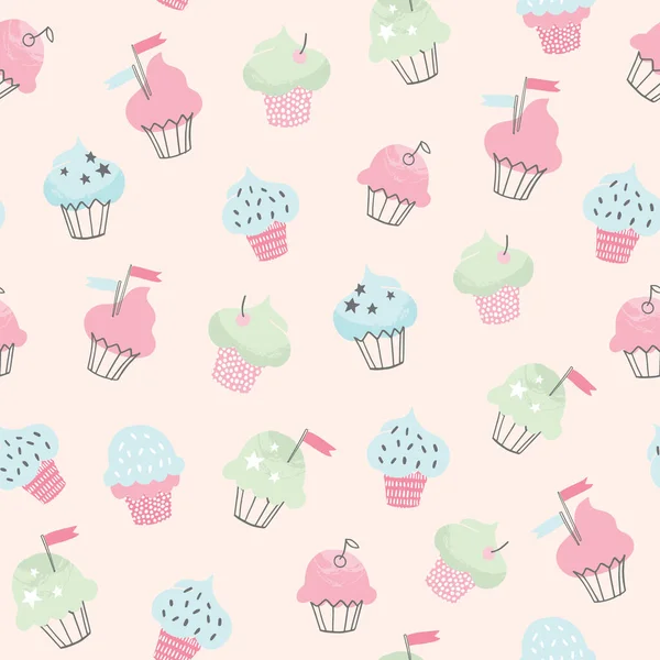 Vektorový vzorec dortu. Ručně kreslené roztomilé cupcakes bezešvé pozadí. Párty, narozeniny, blahopřání, dárkový obal, papírnictví. — Stockový vektor