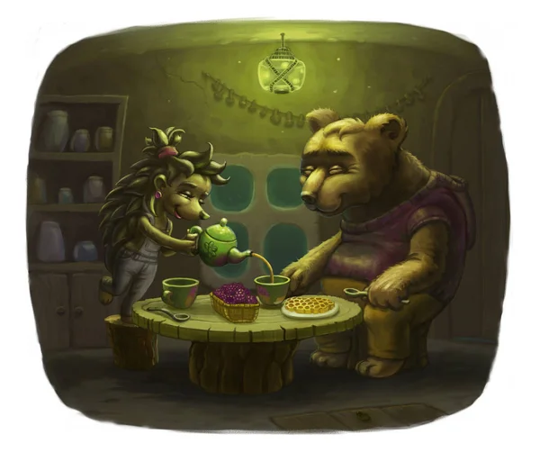 Bear Visiting Hedgehog Drink Tea Honey Raspberries — Stock Photo, Image
