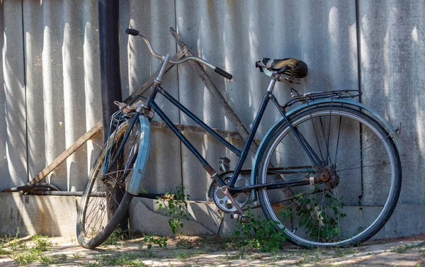 Ein sehr altes, rostiges sowjetisches Fahrrad, das an einem Stahlzaun steht. Niemand wird dieses Fahrrad stehlen. Das Rad ist unten, der Sattel ist gerissen — Stockfoto