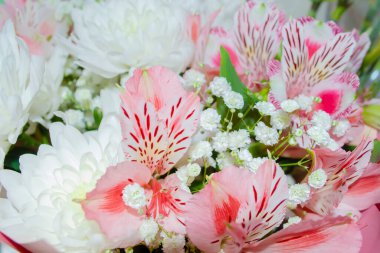 Pembe alstromerya buketi, beyaz çingene, beyaz kasımpatı ve yeşil yapraklar ve tomurcuklar.