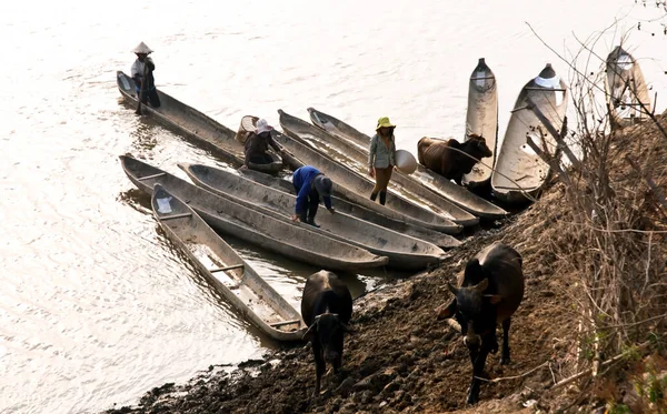 KON TUM, VIET NAM, 24 Kasım 2015 ahşap tekne, Dakla nehrinde, Gia Lai, çocuklar kürek çekiyor