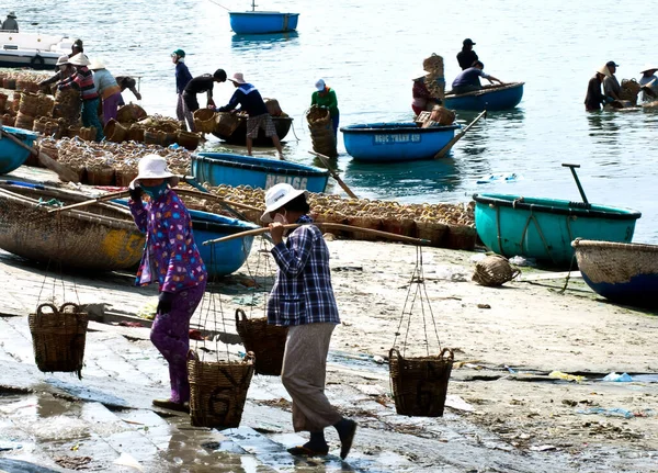 BINH THUAN, VIET NAM, 21 Nisan 2020 Tuy Phong denizi, Binh thuan, balıkçılık mevsiminde balıkçılar