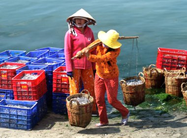 BINH THUAN, VIET NAM, 21 Nisan 2020 Tuy Phong denizi, Binh thuan, balıkçılık mevsiminde balıkçılar