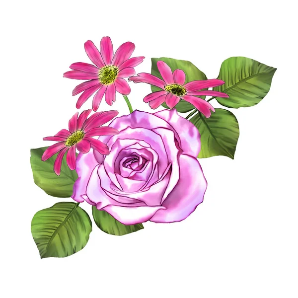 Composizione Creativa Sotto Forma Mazzo Fiori Giardino Rose Rosa Margherite — Foto Stock