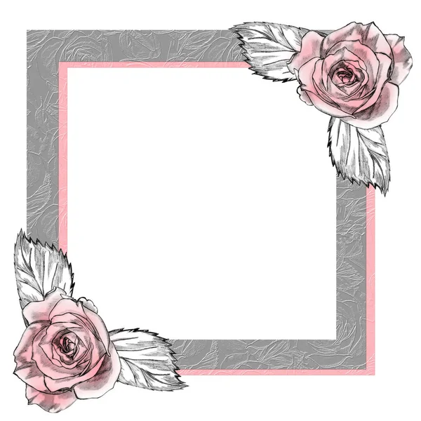 Creative composition in the form of a double frame. Pastel colors are pink and silver. The frame is decorated with white roses.