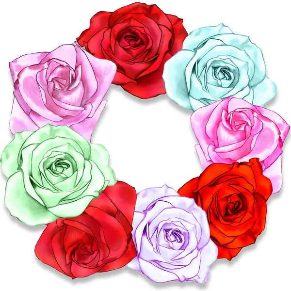 Composição Criativa Com Imagem Flores Jardim Uma Coroa Rosas Multicoloridas — Fotografia de Stock