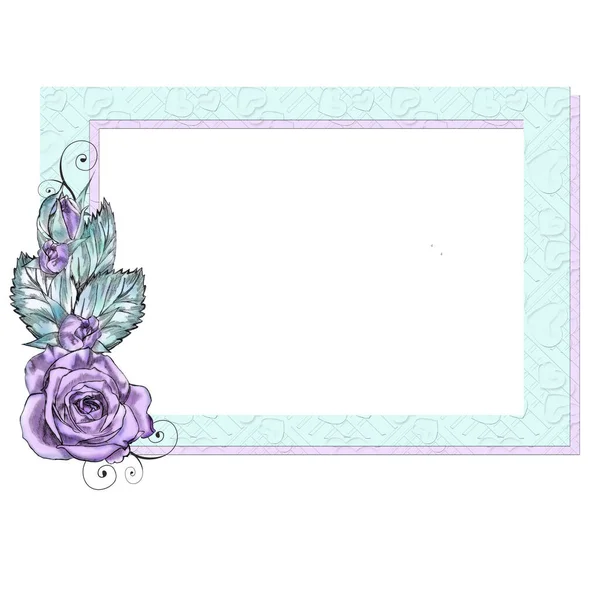 フレームの形で創造的な組成物 パステルカラーはピンクと淡いブルーです フレームは紫色のバラの花束で飾られています — ストック写真