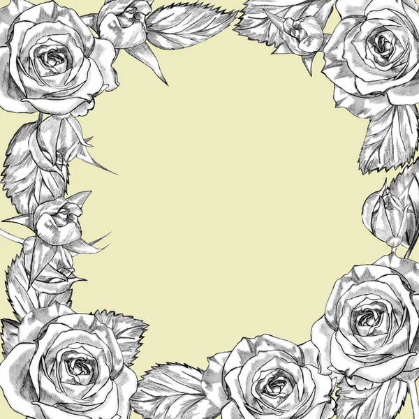 Composizione Creativa Con Fiori Cornice Rose Sfondo Giallo Modello Decorativo — Foto Stock