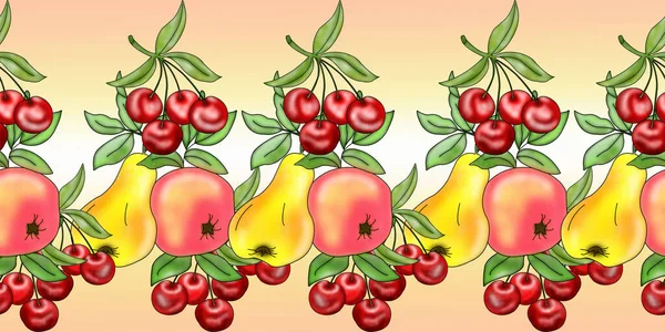 Seamless background with the image of fruit. Gifts of nature in a chaotic arrangement close-up. Theme of summer and healthy food. Illustration for printing on paper or fabric.