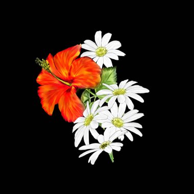 Bahçe çiçeklerinin resmedildiği yaratıcı kompozisyon. Bahar ve yaz çiçekleri kapanıyor. Siyah bir arkaplanda, suluboya taklidi, klasik. Kağıt ya da kumaş üzerine yazdırmak için tasarla.