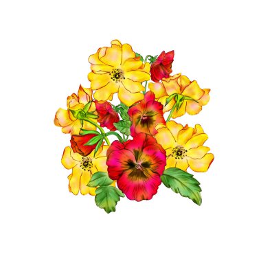 Bahçe çiçeklerinin resmedildiği yaratıcı kompozisyon. Bahar ve yaz çiçekleri beyaz bir arkaplanda, suluboya taklidi, klasik. Kağıt ya da kumaş üzerine yazdırmak için tasarla.