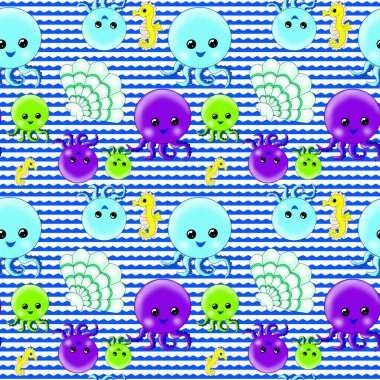 Deniz yaşamından oluşan yaratıcı bir kompozisyon. Çocuk oyuncağı. Kağıt veya kumaş üzerine yazdırma için kaynak, pürüzsüz arkaplan.