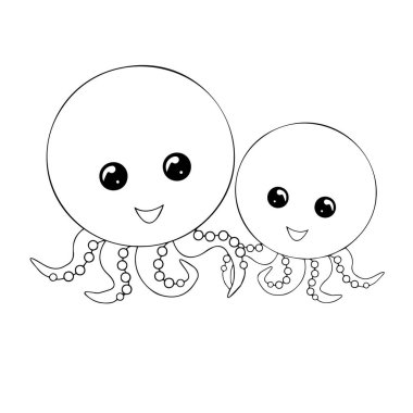 Çocuklar için sevimli deniz hayvanları çiziyorum. Beyaz arka planda siyah bir siluet. Vektör illüstrasyonu.